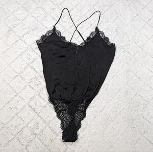 Free People Black Lace-Trim Plunge Bodysuit